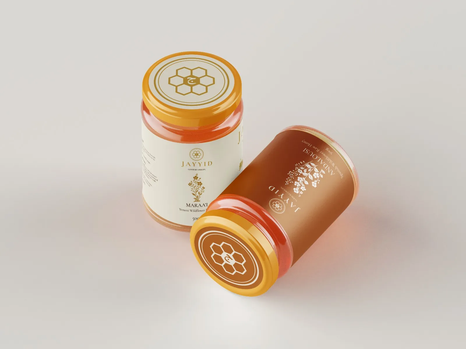 Two Jayyid jars showing the sealed honeycomb lid labels